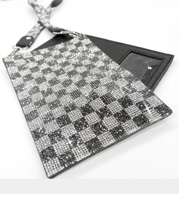 Leather Crossbody Cellphone Pouch Silver & Black Checker