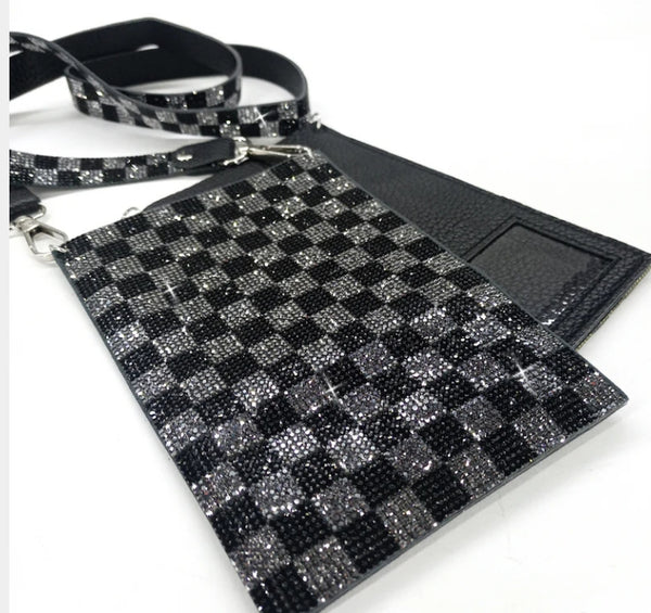 Leather Crossbody Cellphone Pouch Black & Silver Checkered